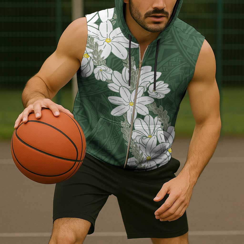 Ia Orana Tahiti Tiare Sleeveless Zip Hoodie Sage Green Lei - Polynesian Pride