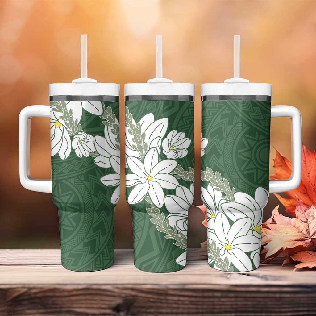 Ia Orana Tahiti Tiare Tumbler With Handle Sage Green Lei - Polynesian Pride