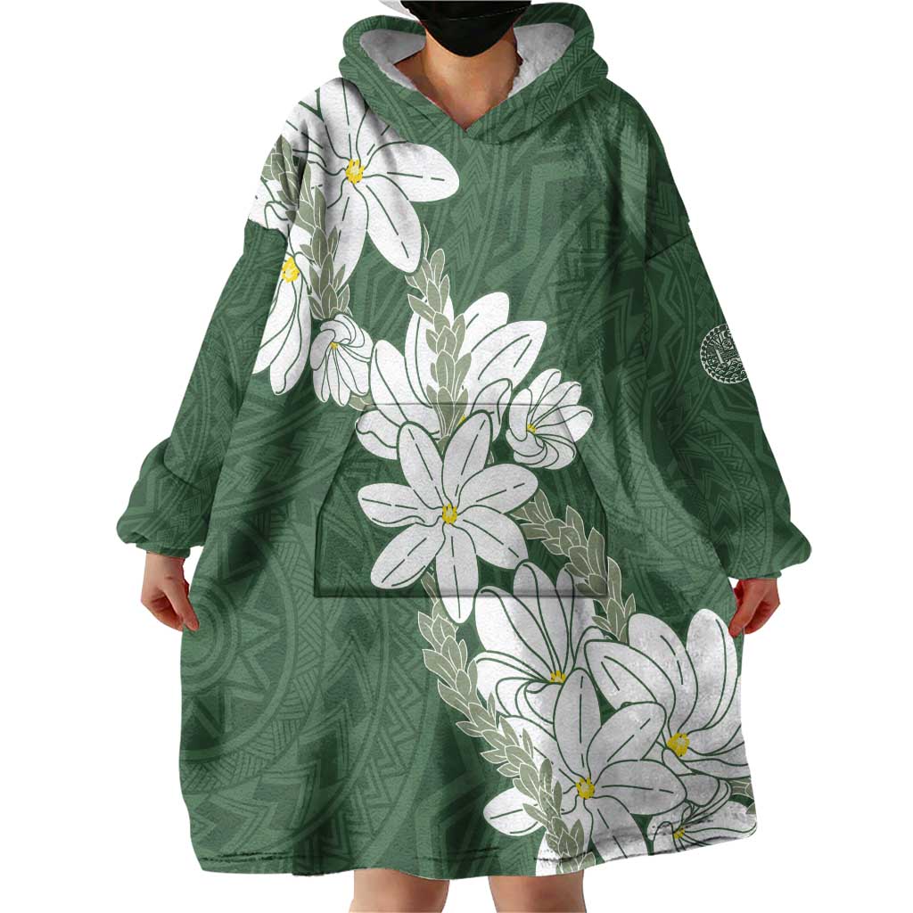 Ia Orana Tahiti Tiare Wearable Blanket Hoodie Sage Green Lei - Polynesian Pride