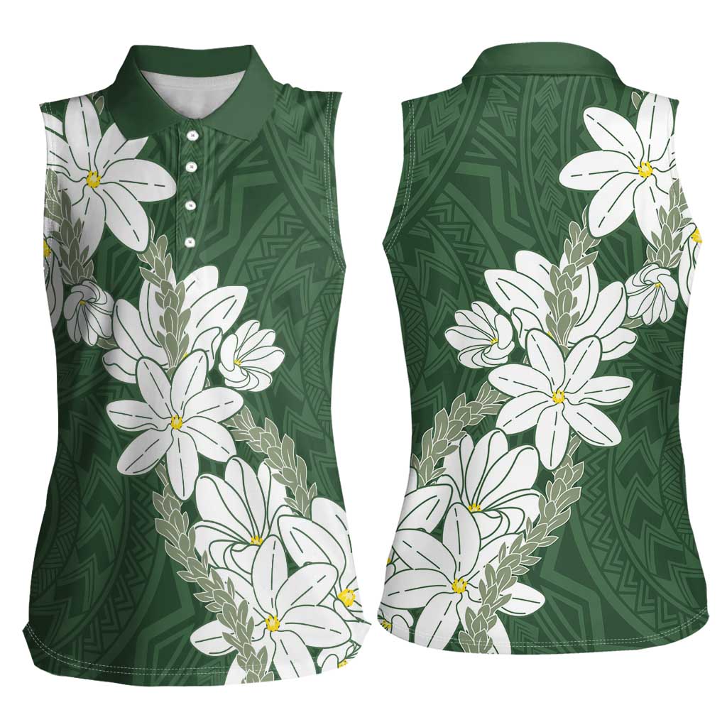 Ia Orana Tahiti Tiare Women Sleeveless Polo Shirt Sage Green Lei - Polynesian Pride