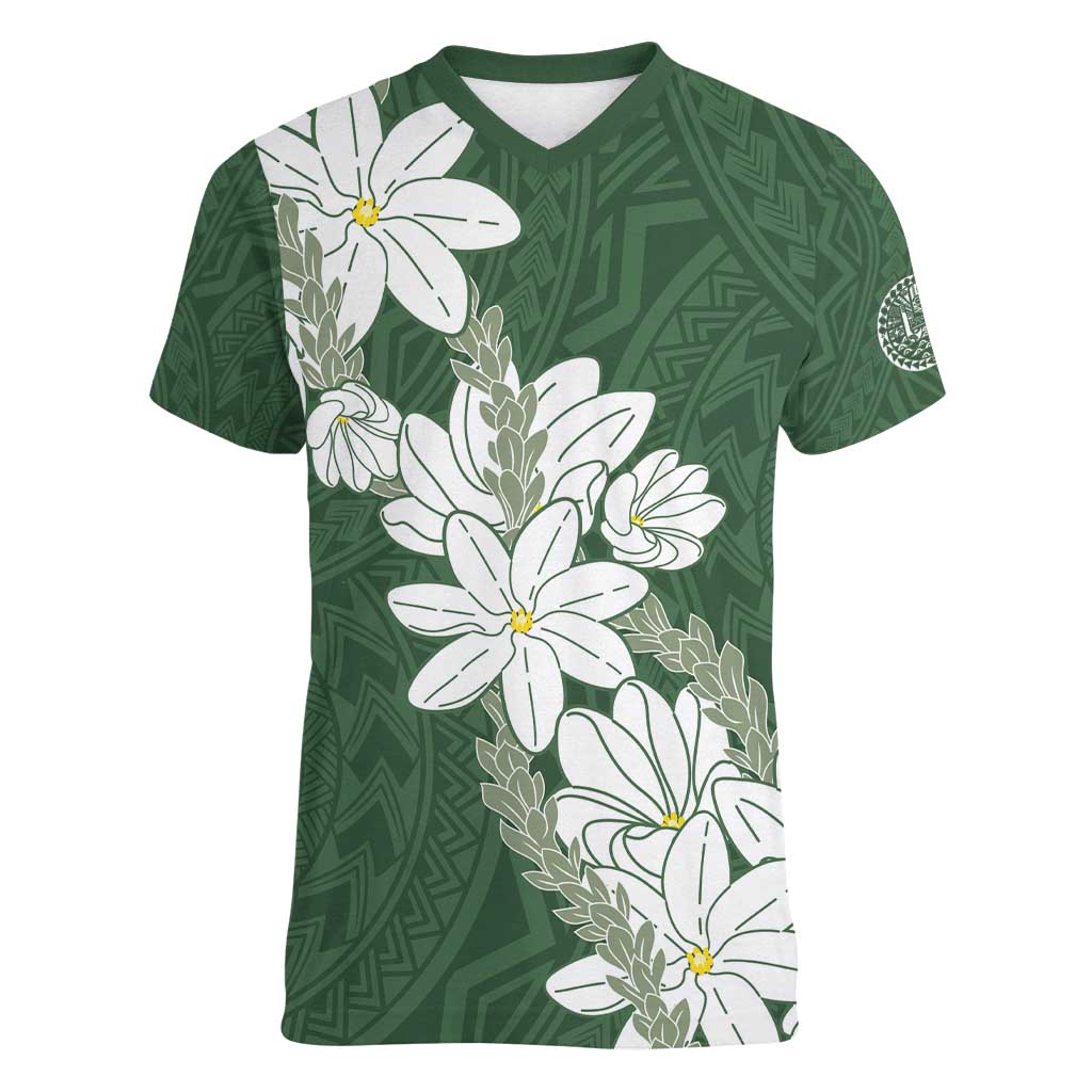 Ia Orana Tahiti Tiare Women V-Neck T-Shirt Sage Green Lei LT7 Female Sage Green - Polynesian Pride