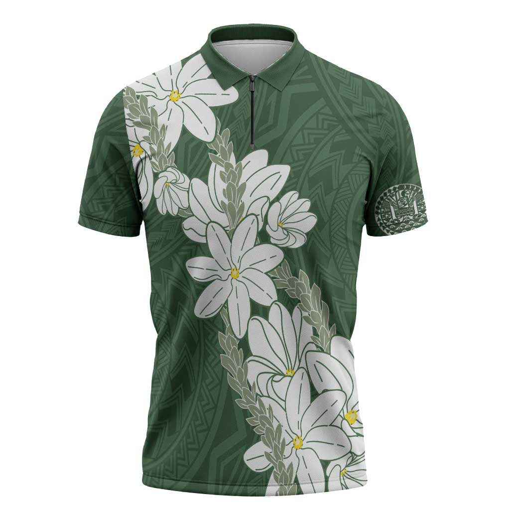 Ia Orana Tahiti Tiare Zipper Polo Shirt Sage Green Lei LT7 Sage Green - Polynesian Pride