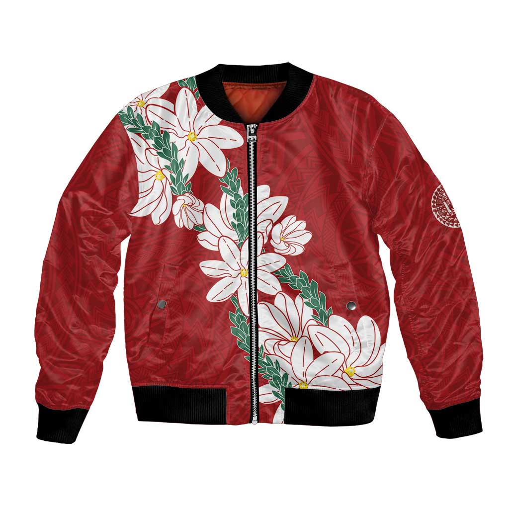 Ia Orana Tahiti Tiare Bomber Jacket Crimson Lei LT7 Unisex Red - Polynesian Pride