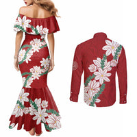 Ia Orana Tahiti Tiare Couples Matching Mermaid Dress and Long Sleeve Button Shirt Crimson Lei - Polynesian Pride