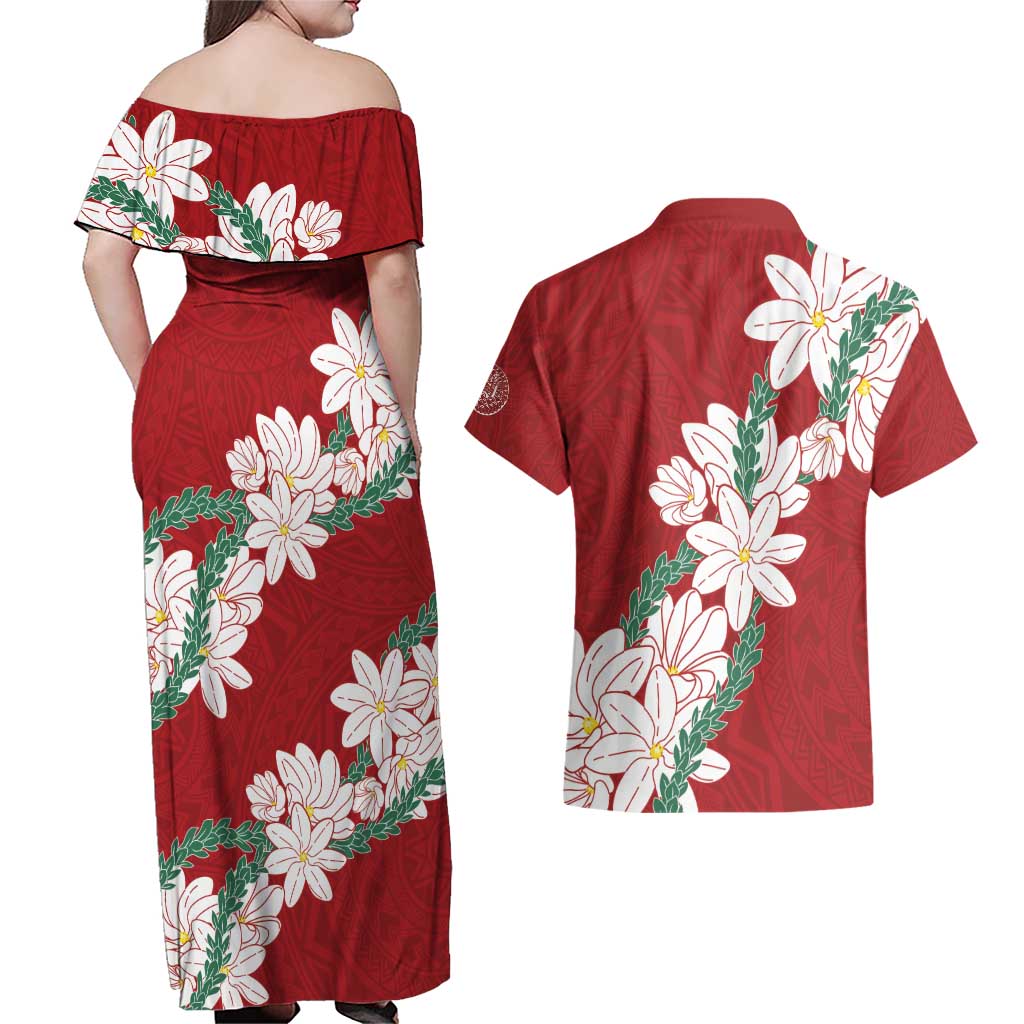 Ia Orana Tahiti Tiare Couples Matching Off Shoulder Maxi Dress and Hawaiian Shirt Crimson Lei - Polynesian Pride