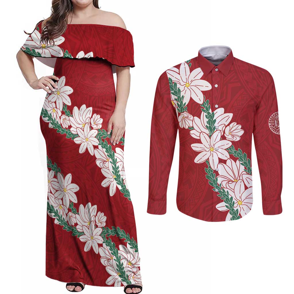 Ia Orana Tahiti Tiare Couples Matching Off Shoulder Maxi Dress and Long Sleeve Button Shirt Crimson Lei LT7 Red - Polynesian Pride