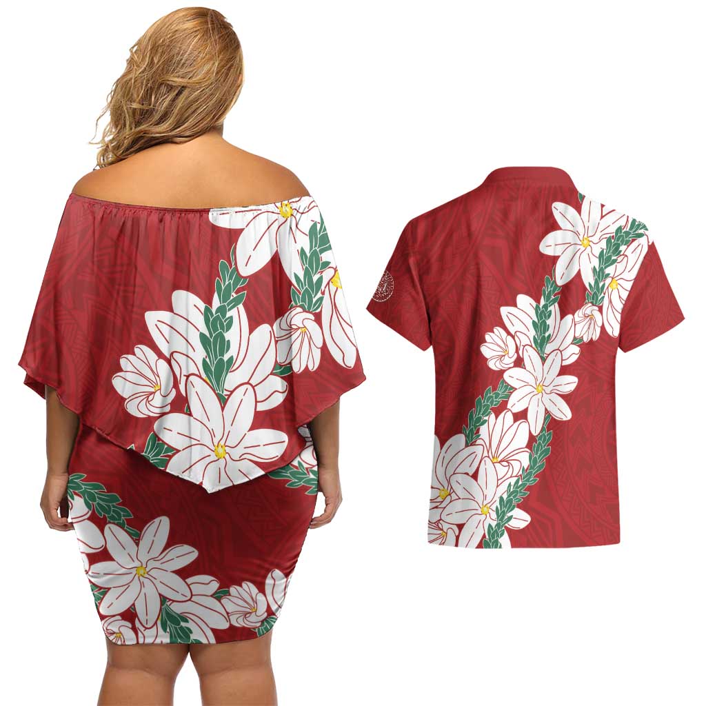 Ia Orana Tahiti Tiare Couples Matching Off Shoulder Short Dress and Hawaiian Shirt Crimson Lei - Polynesian Pride