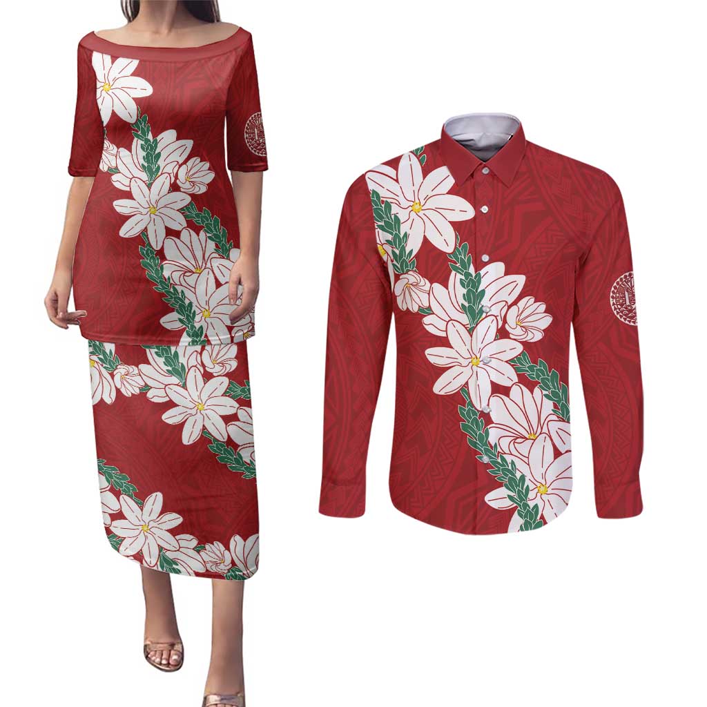 Ia Orana Tahiti Tiare Couples Matching Puletasi and Long Sleeve Button Shirt Crimson Lei LT7 Red - Polynesian Pride