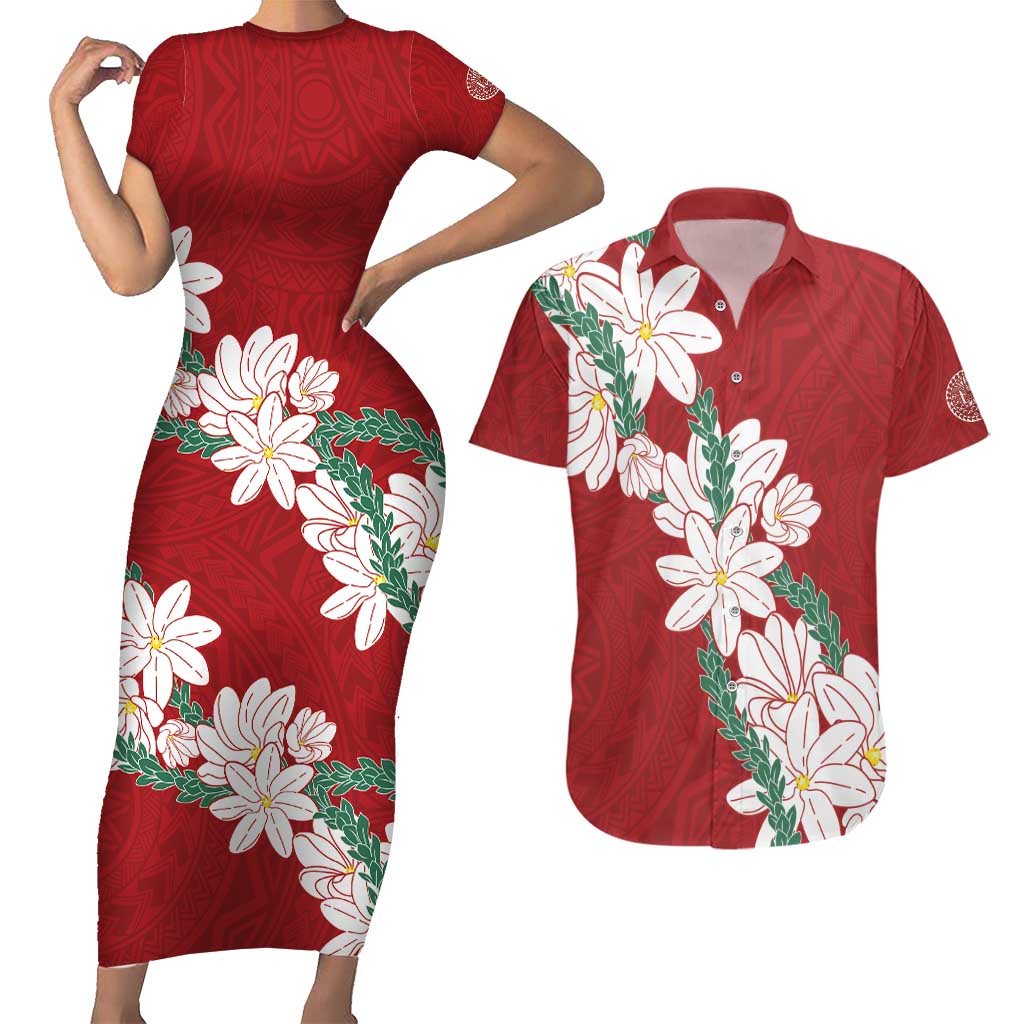 Ia Orana Tahiti Tiare Couples Matching Short Sleeve Bodycon Dress and Hawaiian Shirt Crimson Lei - Polynesian Pride