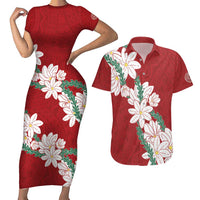 Ia Orana Tahiti Tiare Couples Matching Short Sleeve Bodycon Dress and Hawaiian Shirt Crimson Lei - Polynesian Pride