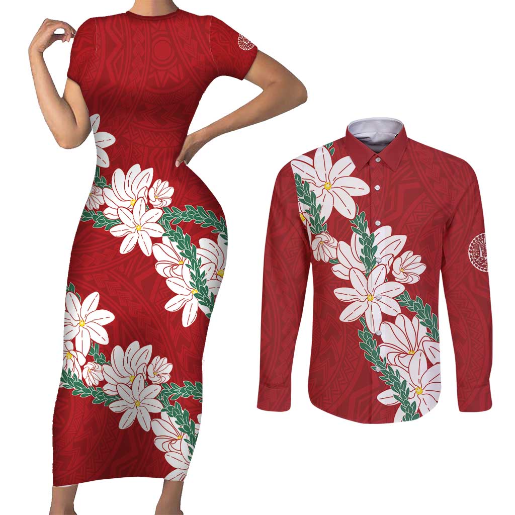 Ia Orana Tahiti Tiare Couples Matching Short Sleeve Bodycon Dress and Long Sleeve Button Shirt Crimson Lei - Polynesian Pride