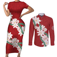Ia Orana Tahiti Tiare Couples Matching Short Sleeve Bodycon Dress and Long Sleeve Button Shirt Crimson Lei - Polynesian Pride