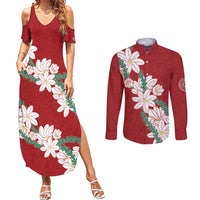 Ia Orana Tahiti Tiare Couples Matching Summer Maxi Dress and Long Sleeve Button Shirt Crimson Lei - Polynesian Pride