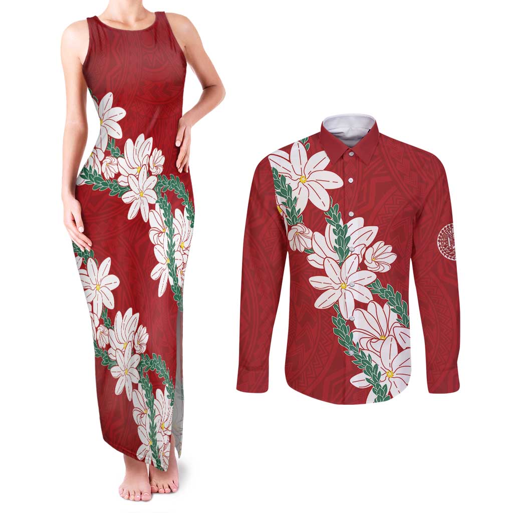 Ia Orana Tahiti Tiare Couples Matching Tank Maxi Dress and Long Sleeve Button Shirt Crimson Lei - Polynesian Pride