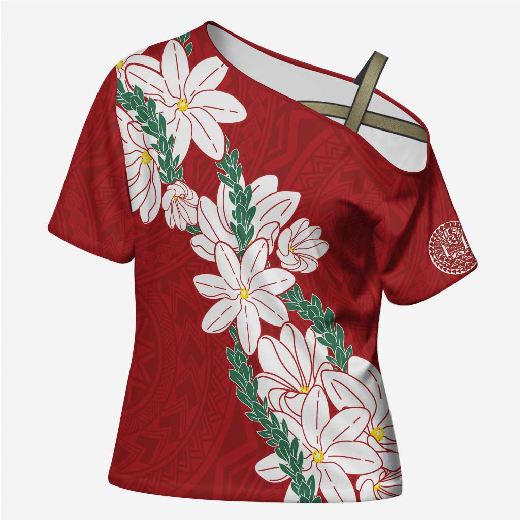 Ia Orana Tahiti Tiare Cross Shoulder Shirt Crimson Lei LT7 Female Red - Polynesian Pride