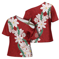 Ia Orana Tahiti Tiare Cross Shoulder Shirt Crimson Lei - Polynesian Pride