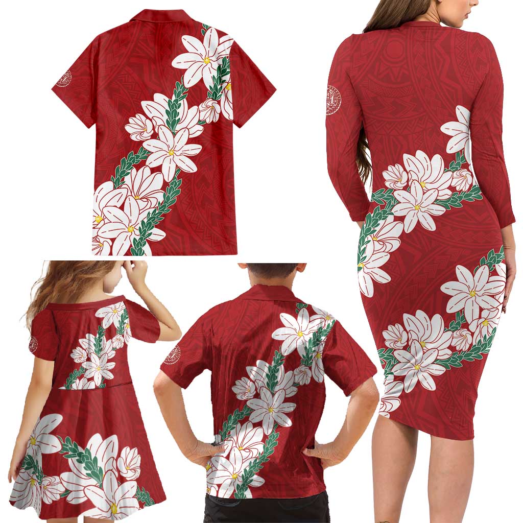 Ia Orana Tahiti Tiare Family Matching Long Sleeve Bodycon Dress and Hawaiian Shirt Crimson Lei - Polynesian Pride