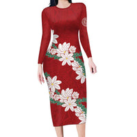 Ia Orana Tahiti Tiare Family Matching Long Sleeve Bodycon Dress and Hawaiian Shirt Crimson Lei - Polynesian Pride