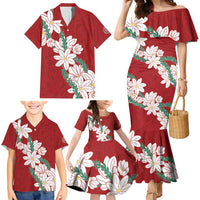 Ia Orana Tahiti Tiare Family Matching Mermaid Dress and Hawaiian Shirt Crimson Lei - Polynesian Pride