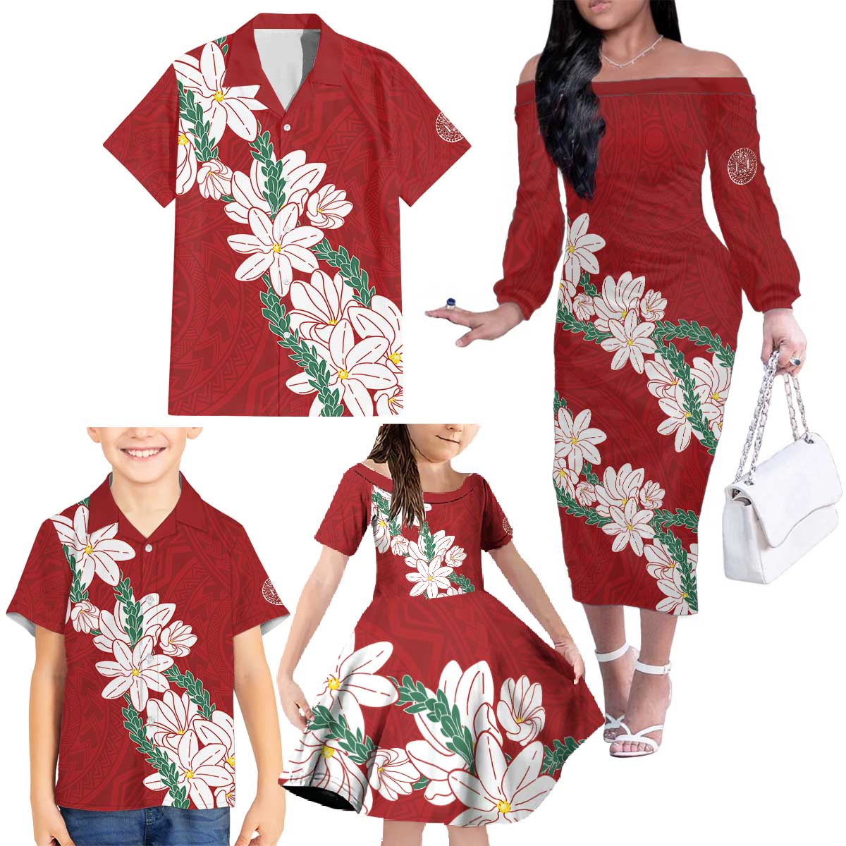 Ia Orana Tahiti Tiare Family Matching Off The Shoulder Long Sleeve Dress and Hawaiian Shirt Crimson Lei - Polynesian Pride