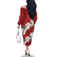 Ia Orana Tahiti Tiare Family Matching Off The Shoulder Long Sleeve Dress and Hawaiian Shirt Crimson Lei - Polynesian Pride