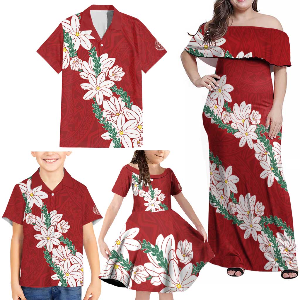 Ia Orana Tahiti Tiare Family Matching Off Shoulder Maxi Dress and Hawaiian Shirt Crimson Lei - Polynesian Pride