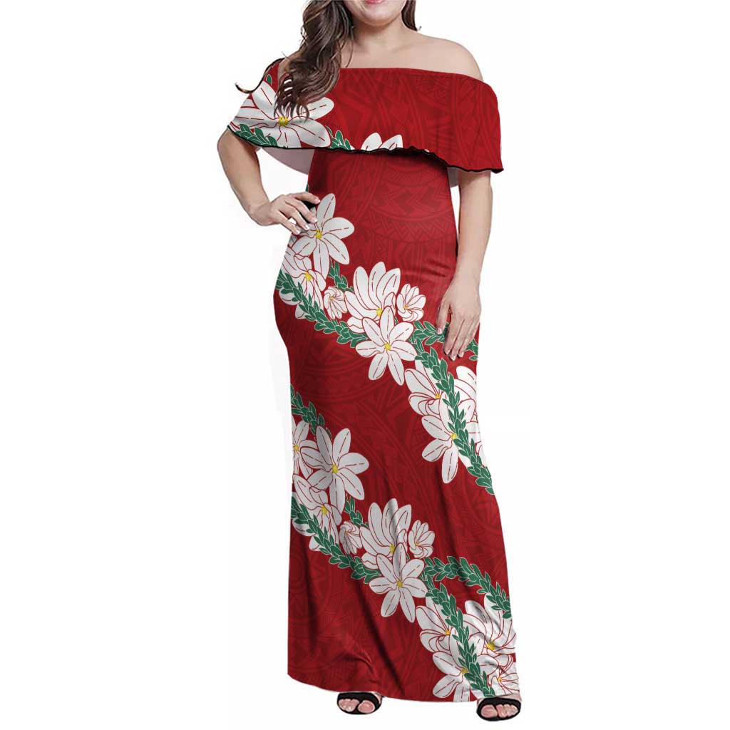 Ia Orana Tahiti Tiare Family Matching Off Shoulder Maxi Dress and Hawaiian Shirt Crimson Lei - Polynesian Pride