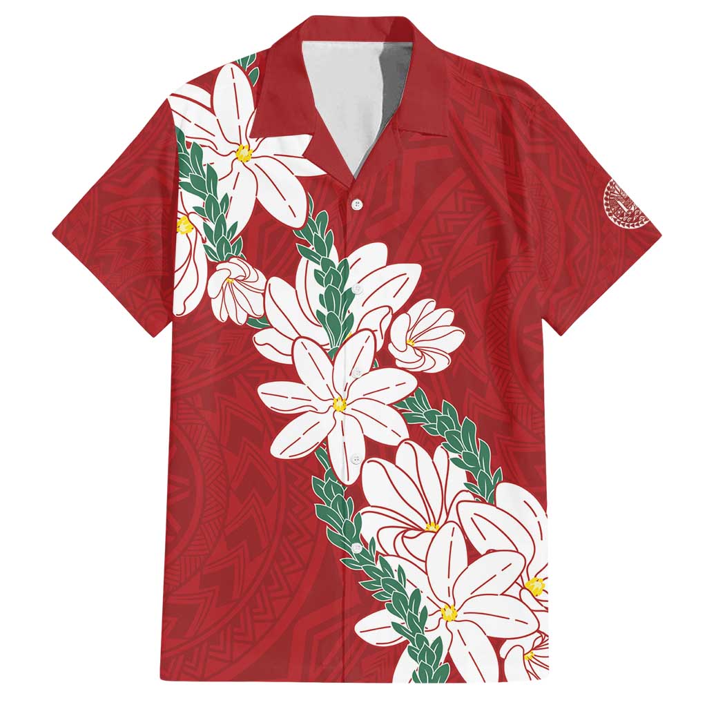 Ia Orana Tahiti Tiare Family Matching Off Shoulder Short Dress and Hawaiian Shirt Crimson Lei LT7 Dad's Shirt - Short Sleeve Red - Polynesian Pride