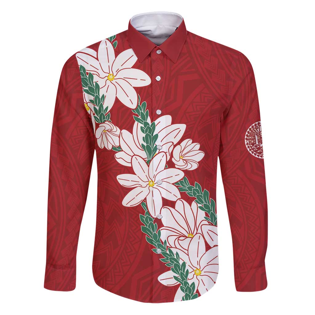 Ia Orana Tahiti Tiare Family Matching Puletasi and Hawaiian Shirt Crimson Lei LT7 Dad's Shirt - Long Sleeve Red - Polynesian Pride