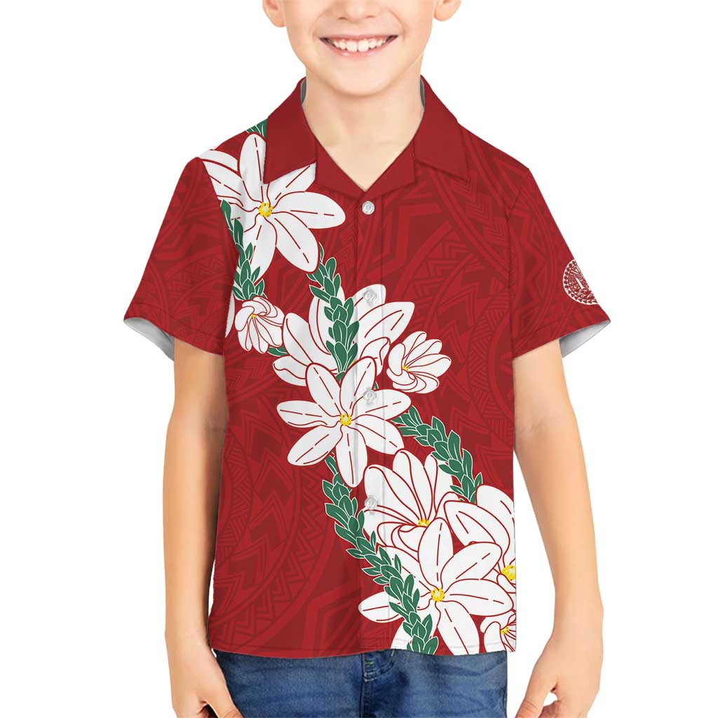 Ia Orana Tahiti Tiare Family Matching Puletasi and Hawaiian Shirt Crimson Lei LT7 Son's Shirt Red - Polynesian Pride
