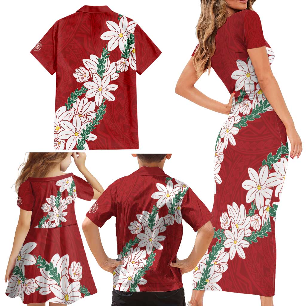 Ia Orana Tahiti Tiare Family Matching Short Sleeve Bodycon Dress and Hawaiian Shirt Crimson Lei - Polynesian Pride