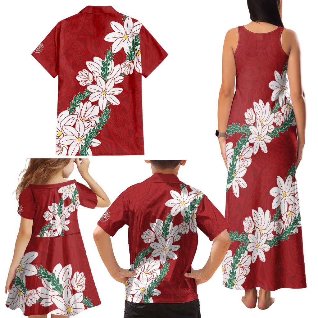 Ia Orana Tahiti Tiare Family Matching Tank Maxi Dress and Hawaiian Shirt Crimson Lei - Polynesian Pride