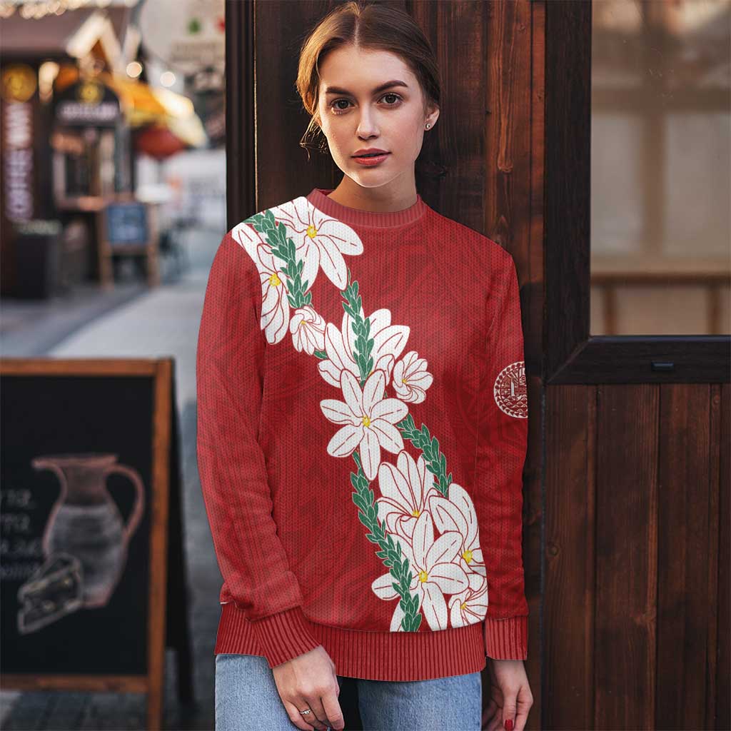 Ia Orana Tahiti Tiare Ugly Christmas Sweater Crimson Lei - Polynesian Pride