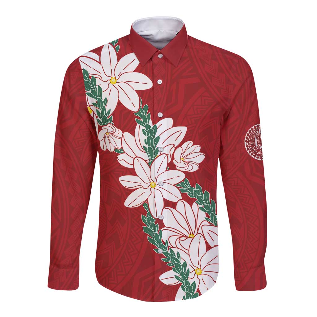 Ia Orana Tahiti Tiare Long Sleeve Button Shirt Crimson Lei LT7 Unisex Red - Polynesian Pride