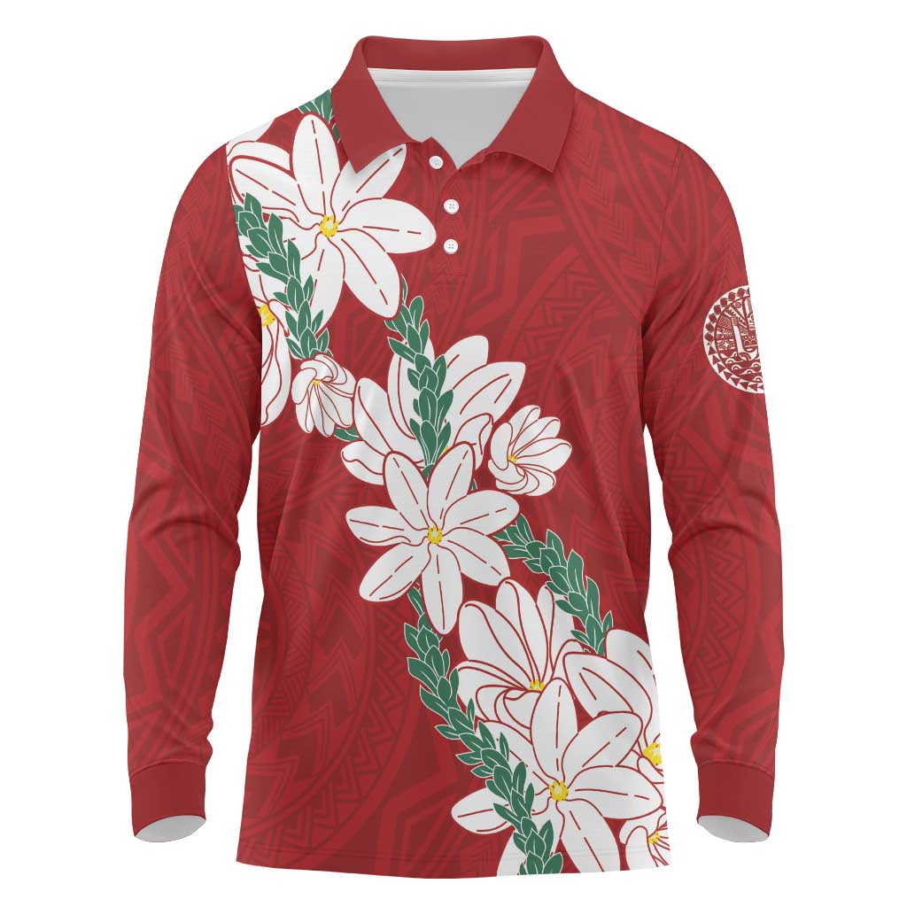 Ia Orana Tahiti Tiare Long Sleeve Polo Shirt Crimson Lei LT7 Red - Polynesian Pride