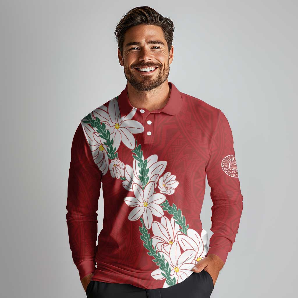 Ia Orana Tahiti Tiare Long Sleeve Polo Shirt Crimson Lei - Polynesian Pride