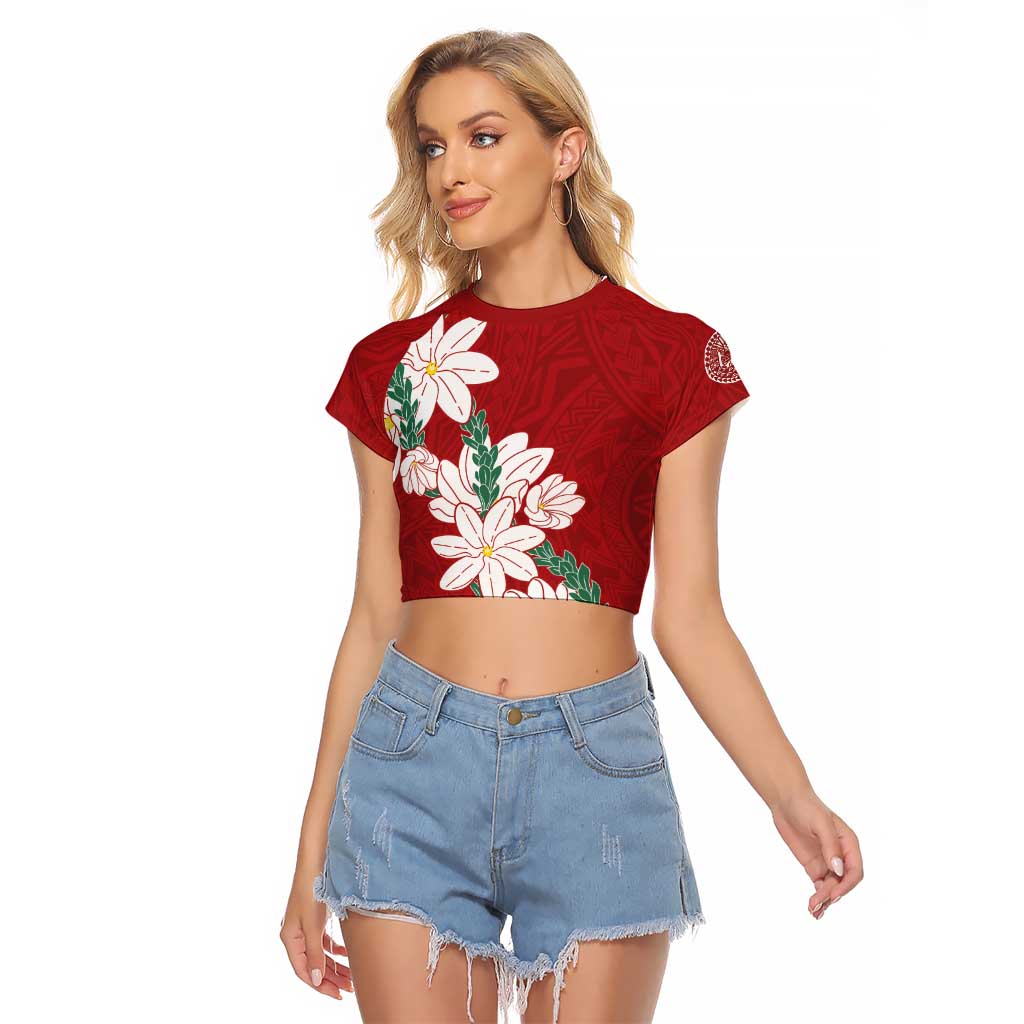 Ia Orana Tahiti Tiare Raglan Cropped T Shirt Crimson Lei LT7 Female Red - Polynesian Pride