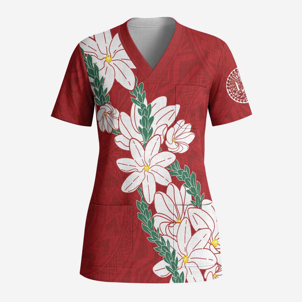 Ia Orana Tahiti Tiare Scrub Top Crimson Lei LT7 Adult Red - Polynesian Pride