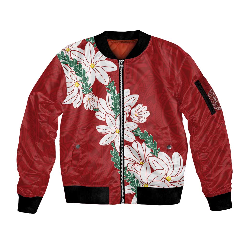 Ia Orana Tahiti Tiare Sleeve Zip Bomber Jacket Crimson Lei LT7 Unisex Red - Polynesian Pride
