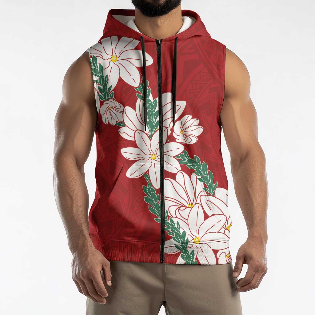 Ia Orana Tahiti Tiare Sleeveless Zip Hoodie Crimson Lei - Polynesian Pride