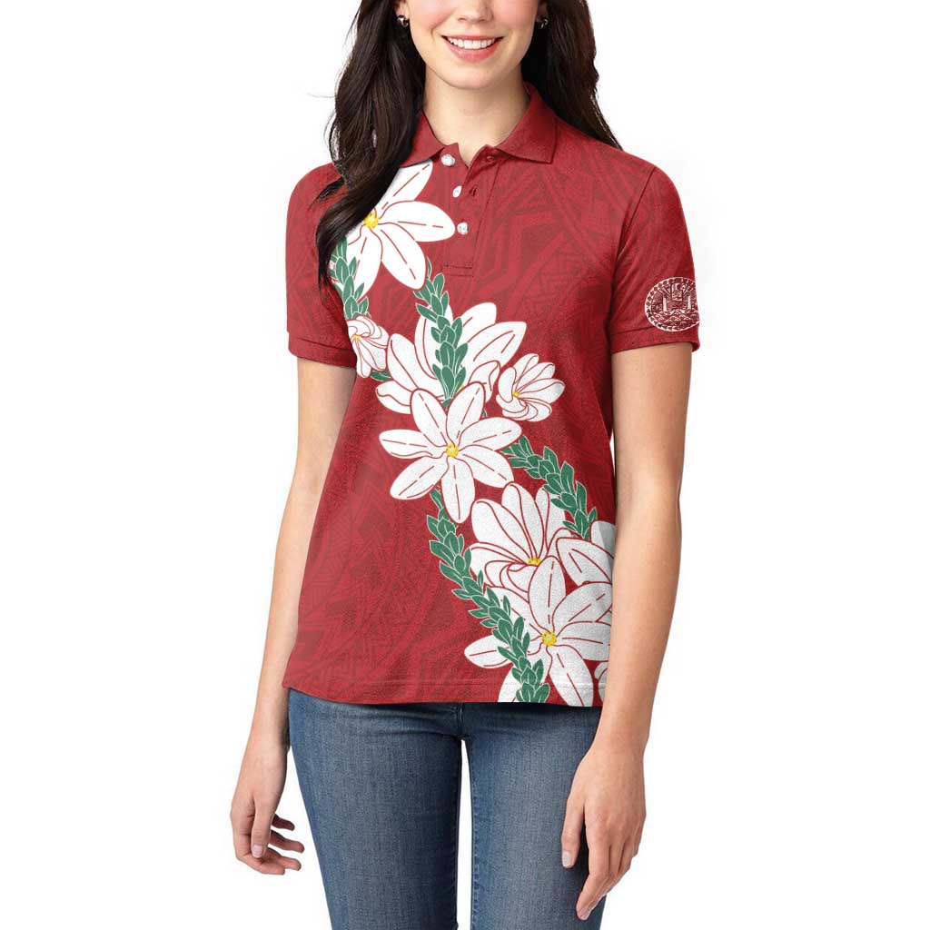 Ia Orana Tahiti Tiare Women Polo Shirt Crimson Lei - Polynesian Pride