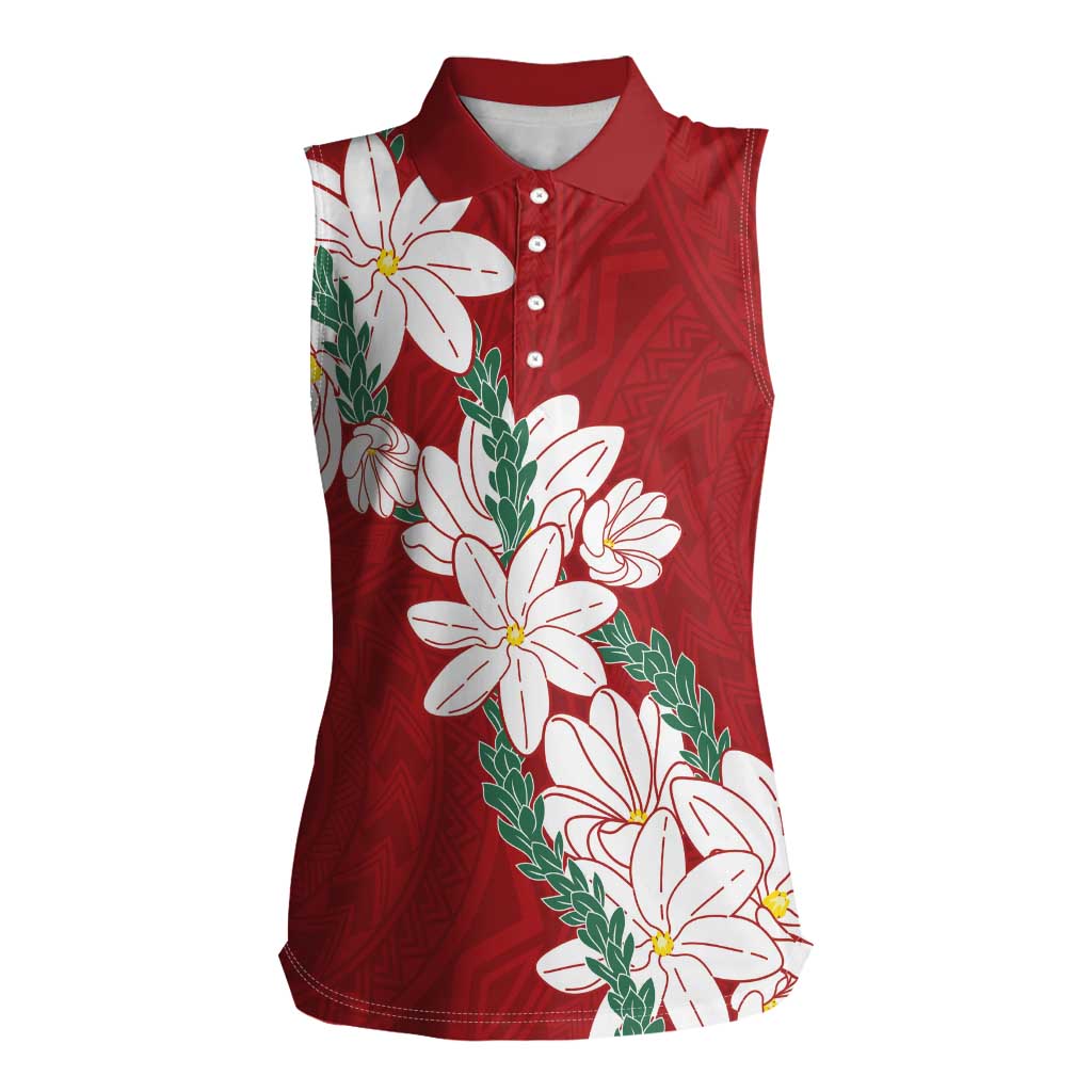 Ia Orana Tahiti Tiare Women Sleeveless Polo Shirt Crimson Lei LT7 Female Red - Polynesian Pride