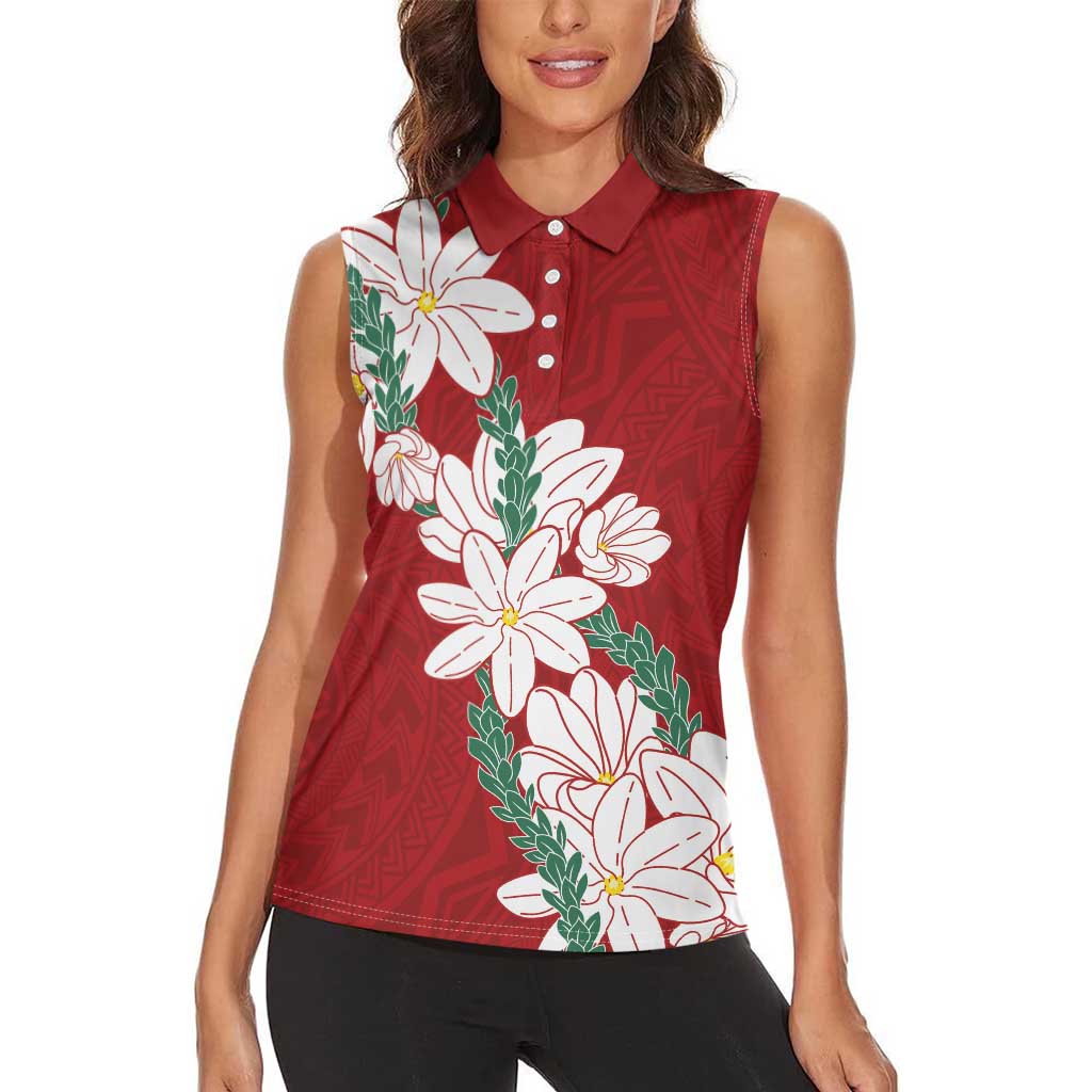 Ia Orana Tahiti Tiare Women Sleeveless Polo Shirt Crimson Lei - Polynesian Pride