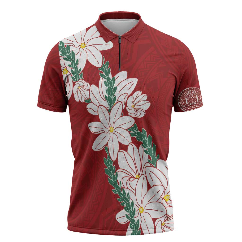 Ia Orana Tahiti Tiare Zipper Polo Shirt Crimson Lei LT7 Red - Polynesian Pride