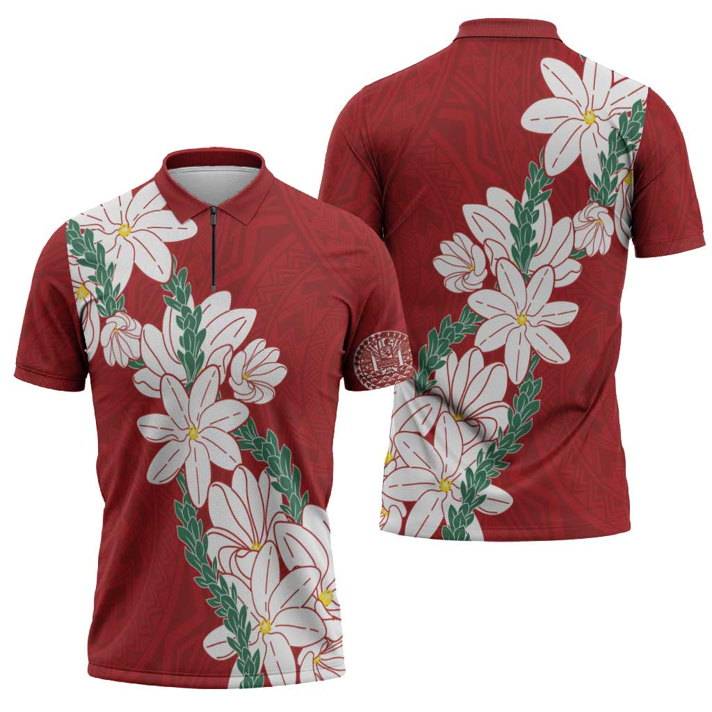 Ia Orana Tahiti Tiare Zipper Polo Shirt Crimson Lei - Polynesian Pride