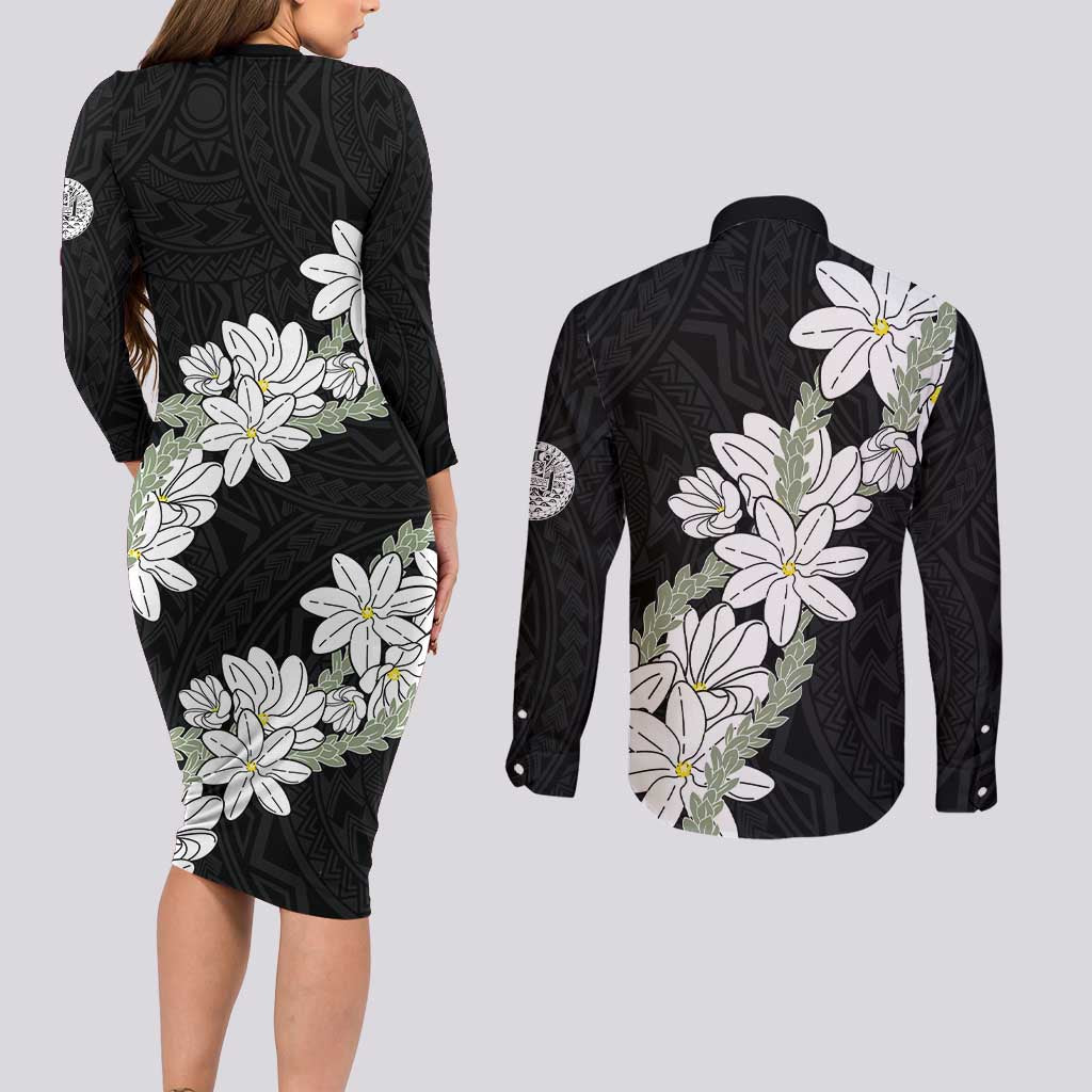 Ia Orana Tahiti Tiare Couples Matching Long Sleeve Bodycon Dress and Long Sleeve Button Shirt Black Lei - Polynesian Pride
