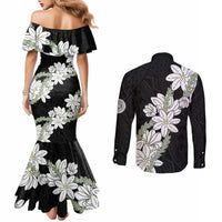 Ia Orana Tahiti Tiare Couples Matching Mermaid Dress and Long Sleeve Button Shirt Black Lei - Polynesian Pride