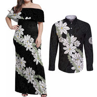 Ia Orana Tahiti Tiare Couples Matching Off Shoulder Maxi Dress and Long Sleeve Button Shirt Black Lei - Polynesian Pride