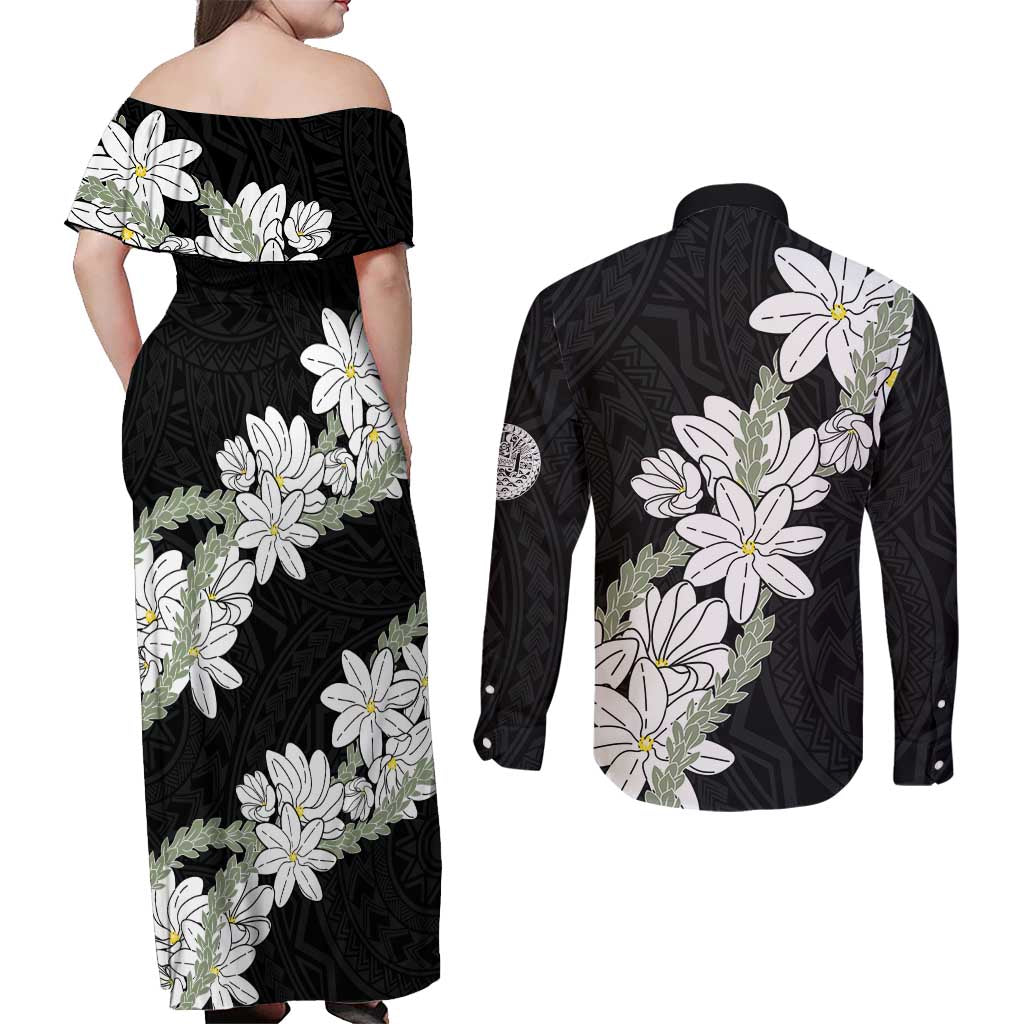 Ia Orana Tahiti Tiare Couples Matching Off Shoulder Maxi Dress and Long Sleeve Button Shirt Black Lei - Polynesian Pride