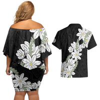 Ia Orana Tahiti Tiare Couples Matching Off Shoulder Short Dress and Hawaiian Shirt Black Lei - Polynesian Pride